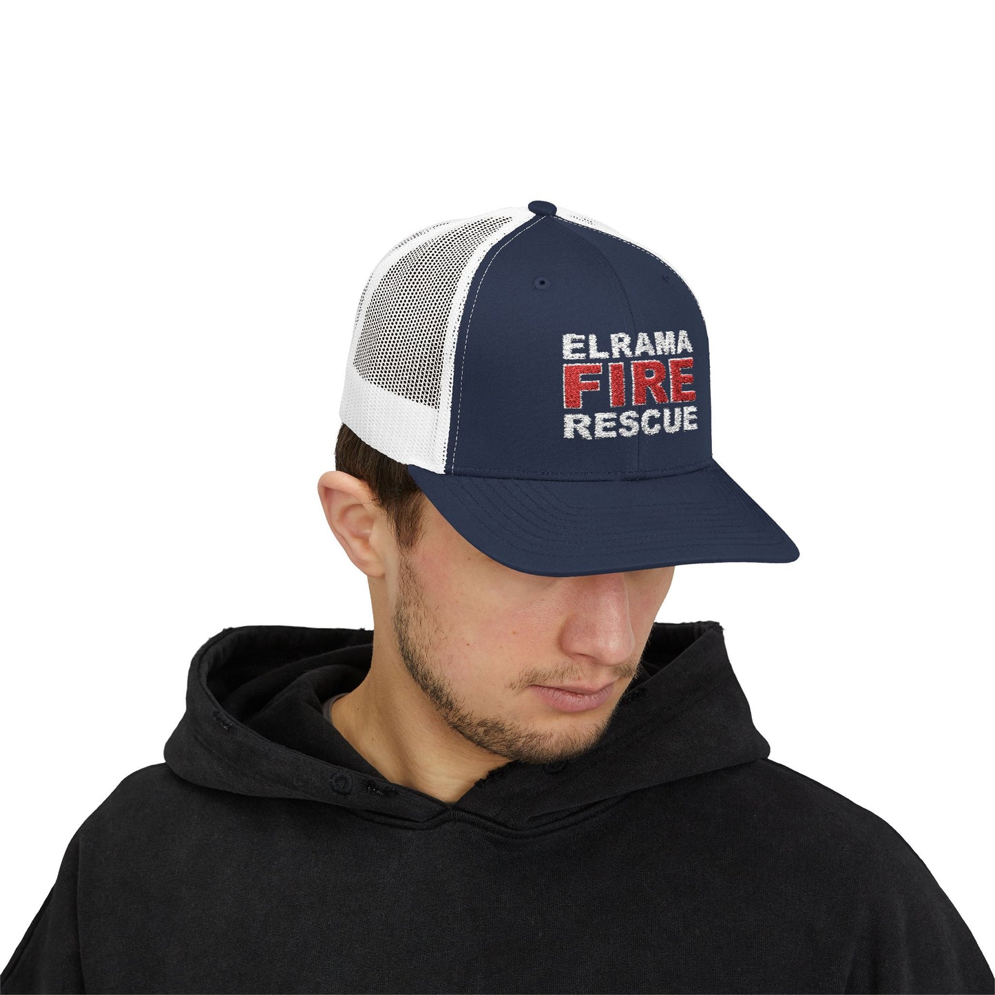 Stretch Mesh Cap Elrama Fire Rescue Embroidered Printed Design - Navy/White Mesh