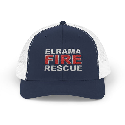 Stretch Mesh Cap Elrama Fire Rescue Embroidered Printed Design - Navy/White Mesh